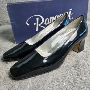 VTG Rangoni of Florence Navy‎ Patent Leather Block Heel Pumps Shoes 8 AAA NEW